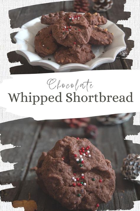 These easy to make Chocolate Whipped Shortbread are a very tender crumbly melt in your mouth cookie. Add some chocolate chips or chopped nuts to make them even more decadent. Or add a few sprinkles to bring in the holiday spirit. A must have on your Christmas Cookie Tray. Shortbread Cookies With Chocolate Drizzle, Chocolate Whipped Shortbread Cookies, Jewish Baking, Chocolate Shortbread Cookies Recipes, Cookie Recipes Oatmeal, Christmas Chocolate Desserts, Christmas Cookie Tray, Whipped Shortbread, Christmas Cookies Recipe