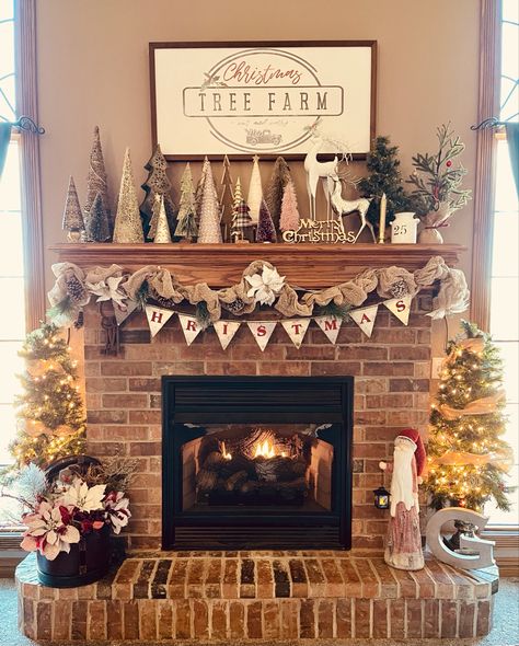 Christmas Mantle With Small Trees, Christmas Trees On Mantle, Xmas Fireplace, Christmas Tree And Fireplace, Christmas Mantle Decor, Christmas Mantel, Christmas Mantle, Christmas Fireplace, Christmas Mantels