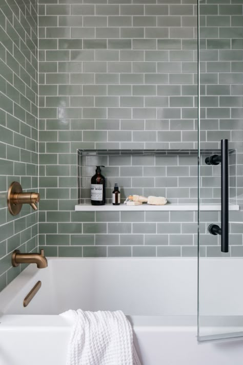 Grey Green Shower Tile, Rosemary Tile Bathroom, Bathroom Shelves And Cabinets, Green Tile Bathroom Shower Ideas, Green Gray Tile Bathroom, Green Grey Tiles Bathroom, Shower Tile With Bathtub, Inset Tub Shower Combo, Bathroom Tiles Bathtub