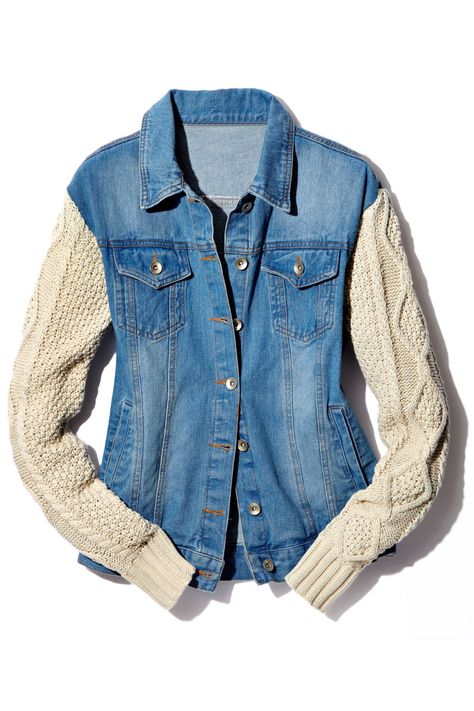 Knit sleeves give your fave denim jacket a laid-back dose of coziness. Knit Sleeved Jacket, $68, pixiemarket.com Jean Refashion, Diy Clothes Jeans, Jeans Recycling, Diy Clothes Refashion, Sweater Refashion, Clothes Jeans, Repurposed Clothing, Old Sweater, Denim Ideas