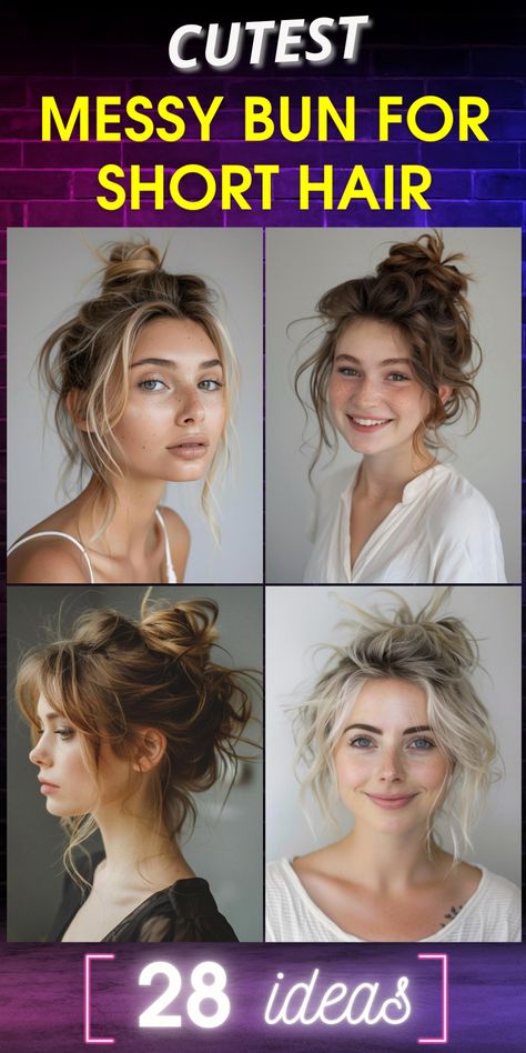 Unlock the secrets of creating the perfect messy bun for short hair. With 29 unique variations, you'll never run out of styling ideas. These effortless updos add a touch of elegance to your everyday look. Master the art of creating texture and volume in your short locks, and discover how a messy bun can transform your appearance. Embrace your hair's natural beauty! Top Knot With Short Hair, Messy Short Hair Updo, Top Of Head Bun, Short Hairstyles For Nurses, Bangs With Messy Bun, Messy Bun Shoulder Length Hair, Short Hair Buns Messy, Short Hair Messy Updo, Medium Length Messy Bun