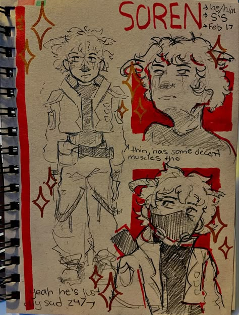 oc character sketchbook art red inspo aesthetic Oc Collage Drawing, Oc Drawing Sketchbook, Oc Page Ideas, Sketchbook Pages Oc, Sketch Book Oc Ideas, Character Pages Sketchbook, Sketchbook Character Page, Character Page Layout, Character Sketchbook Page