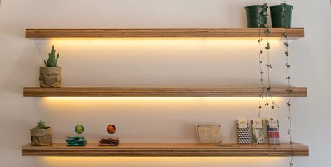 Strip LED lighting Led Lights Strip Ideas, Floating Wood Shelves, Games Room Inspiration, Condo Living Room, Strip Led, Games Room, Condo Living, Decorative Lighting, Strip Lights