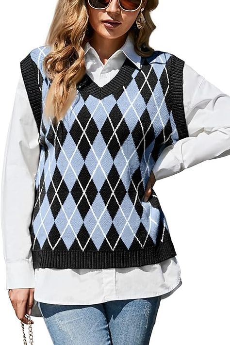 HOCOSIT Women's Knitted V-Neck Vest Argyle Plaid Preppy Style Sleeveless Pullover Crop Sweater Vest Crop Sweater Vest, Argyle Sweater Vest, Sleeveless Sweater Vest, Sweater Trends, Stylish Sweaters, Sleeveless Pullover, Crop Sweater, Faux Leather Pants, Sleeveless Sweater