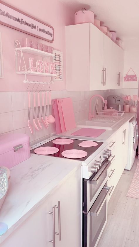 Transformation Tuesday 🥰 . How gorgeous is the sunlight tonight?! 🤩💗 . . #colourfuldecor #colourfulhome #pinkhouse #pinkappliances… | Jessys Dream House (@jessysdreamhouse) on Instagram Pink And White Kitchen, Pink Appliances, Pink Apartment Decor, Pink Fridge, Pink Apartment, House Aesthetics, Apartment Simple, Pink Kitchen Decor, Girly Apartments