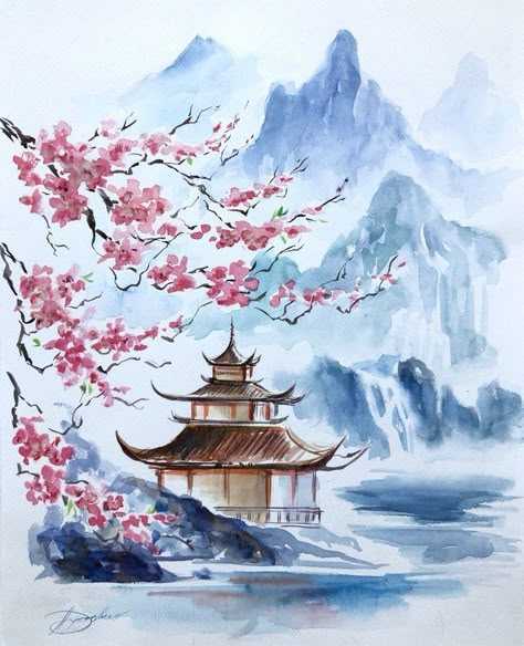 Japan Nature Drawing, Drawing Of Japan, Asian Watercolor Paintings, Japan Painting Easy, Japanese Garden Drawing, Japanese Temple Painting, Watercolor Japanese Art, Japanese Watercolor Paintings, Asia Drawing