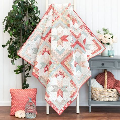 Shabby Fabrics on Instagram: "💗 Snuggle up with the Cozy Cabin Quilt in the Bliss fabric collection. Vintage florals meet soft pink, blue and cream colors that pair happily with the log cabin and star elements to yield a beautiful throw. Shop the Kit in our link in bio! Pattern: @modernlymorgan Fabrics: @threesistersquilt for @modafabrics #shabbyfabrics #quiltshop #quilter #quilting #sewing #quilters #quiltinglove #ilovequilting #quiltingproject #sewingpattern #modafabrics #showmethemoda #madewithmoda" God And Country Quilt Pattern, Queen Size Quilt Pattern, Quilt Kits For Sale, Quilt Settings, Seasonal Quilts, Strip Quilt, Log Cabin Quilt Pattern, Sewing Seams, Vintage Florals