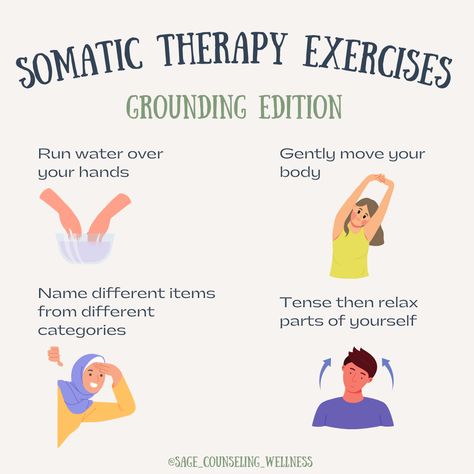 Somatic therapy exercises can be done at the comfort of your own home 😊 These grounding techniques can be helpful in relaxing the body and mind. Have you tried any of these?  ✨Interested in a yoga networking event for therapists in the ATL area? Click the link below to grab a free spot for Friday, June 7!   #somatictherapy #somatic #healing #mindfulness #selfcare #selfcarethreads #mentalhealthawareness #somatichealing #grounding #groundingtechniques #atlantatherapist #fltherapist Somatic Experiencing Therapy, Grounding Exercises Therapy, Somatic Mindfulness, Somatic Healing Exercises, Somatic Stretching, Somatic Therapy Exercises, Somatic Experience, Somatic Release, Lacrosse Training