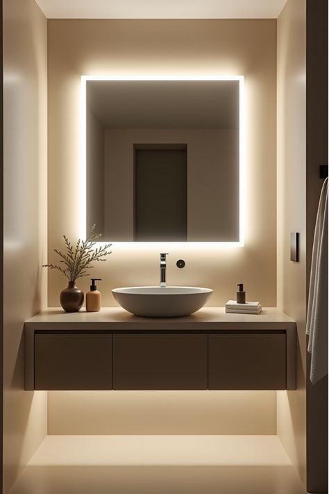 Floating vanity with backlit mirror in compact bathroom Restroom Lighting Ideas, Small Powder Room Lighting, Powder Room Pendant Lighting, Small Vanity Ideas Bathroom, Revamp Bathroom, Modern Bathroom Lights, Recessed Vanity, Open Bathroom Vanity, Eco Office