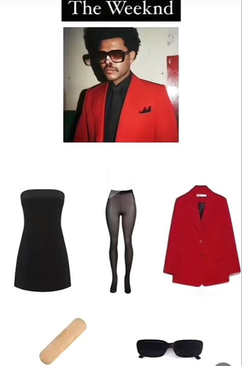 Celebrity Halloween Costume Ideas, Halloween Costumes With Sunglasses, Music Artist Halloween Costumes, Iconic Celebrity Costumes, Celebrity Dress Up, The Weeknd Red Suit, Halloween Costumes Easy Women, Easy Celebrity Costumes Last Minute, Red And Black Halloween Costumes