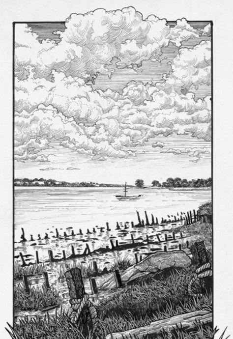 Philip Harris, Sky Sketch, River Illustration, Ink Pen Art, Pen Illustration, Pen Art Drawings, Pen Drawings, Cloud Drawing, Ink Drawing Illustration