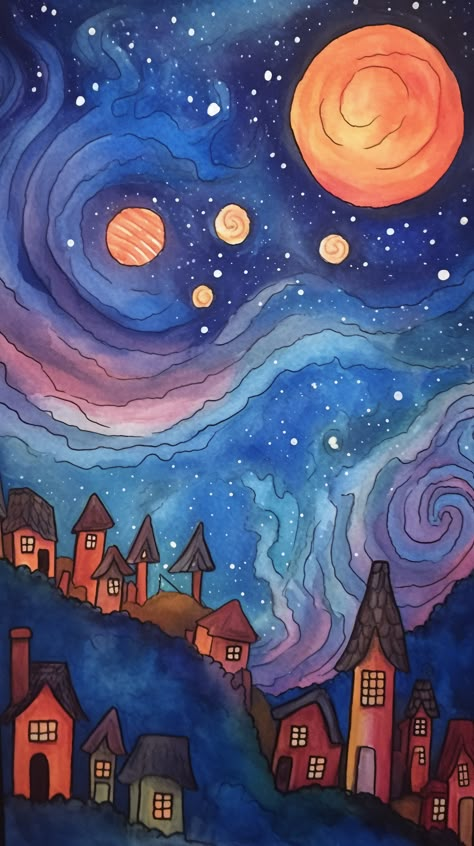 Surreal Whimsical Art, Whimsical Night Art, Space Landscape Art, Whimsical Art Space, Whimsical Art Paintings Bright Colors, Whimsical Digital Art, Watercolor Art Space, Drawing Planets Space, Magical Landscape Art