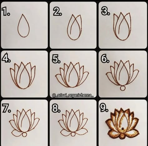 Mehandi Designs For Practice, Lotus Mendhi Design, Mehandi For Beginners Step By Step, How To Draw Henna Flowers, Learning Mehendi Design, Basic Steps Of Mehandi, Beginer Mehendi Design, Lotus Mehndi Design Step By Step, Mehendi Basics For Beginners