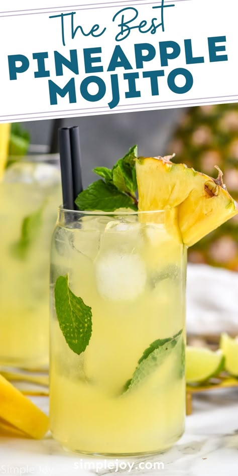 This Pineapple Mojito is the perfect piña colada twist on one of our favorite cocktails. A few extra simple ingredients kicks this mojito up a notch and will make it your favorite too! Mojito Punch For A Crowd, Malibu Mojito Recipe, Fresh Pineapple Drinks Alcohol, Pineapple Mojito Mocktail, Cocktail With Pineapple, Pineapple Drinks Alcohol, Mojito Recipe Non Alcoholic, Pineapple Alcohol Drinks, Mojitos Drinks