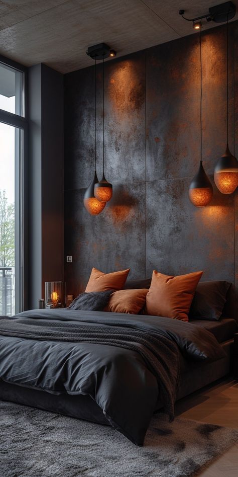 Furniture Textiles, Bedrooms Inspiration, Design Ložnic, Serene Environment, Moody Bedroom, Bedroom Ambiance, Bedroom Orange, Mens Bedroom, Simple Room