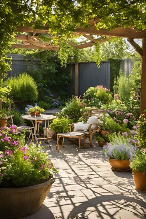 Small Garden Decking Ideas Patio, Small Two Level Garden Ideas, Cottage Garden Potted Plants, Paved Small Garden Ideas, Pergola Cottage Garden, Sunken Seating Area Garden With Pergola, Small Garden Grass Ideas, Small Backyard Dining Area, No Sun Garden Ideas