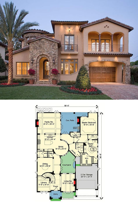 Two-Story 4-Bedroom Mediterranean Home with Courtyard Stunner (Floor Plan) Fall Bloxburg, Mediterranean Style House, Mediterranean House Plans, Mediterranean Style House Plans, Courtyard House Plans, Casa Country, House Bloxburg, Two Story House, Mediterranean House