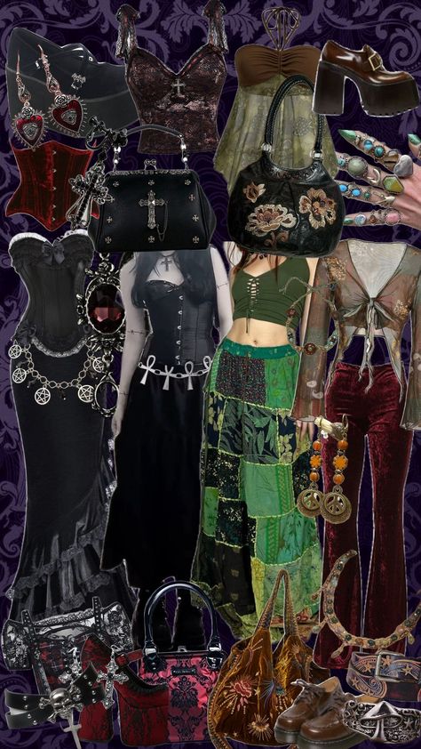 #goth #hippie #gothvshippie Voodoo Outfit Ideas, Emo Hippie Aesthetic, Hippy Goth Outfits, Goth Hippie Aesthetic, Hippie Goth Aesthetic, Goth Vintage Aesthetic, Whimsigoth Fits, Witchcore Aesthetic Outfits, Dark Hippie Outfits