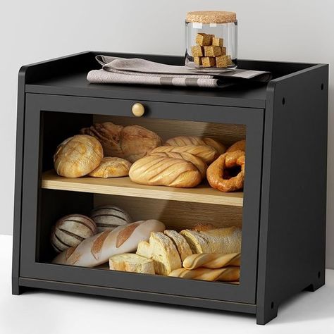 Amazon.com: Goozii Black Bread Box for Kitchen Countertop, Large Bread Storage Container for Homemade Bread, Wood Farmhouse Breadbox Organizer for Kitchen Counter Corner, Cabinet, Pantry, Cupboard (Black): Home & Kitchen Farmhouse Bread Boxes, Kitchen Counter Storage, Black Bread, Bread Holder, Farmhouse Bread, Bread Container, Kitchen Counter Organization, Countertop Decor, Bread Storage