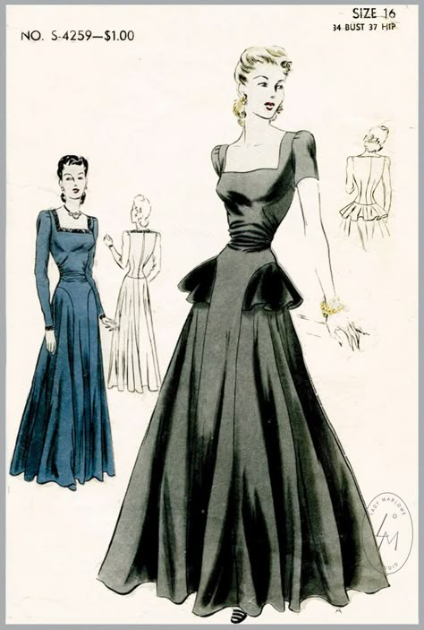 Wedding Dress 40s, 1940s Evening Dresses, Square Portrait, Evening Gown Pattern, Portrait Neckline, Circular Skirt, Vintage Evening Gowns, Vogue Vintage, Fashion 1940s