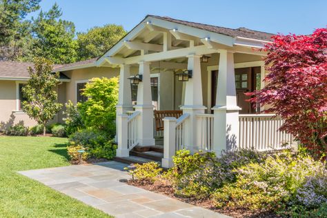 Ranch To Craftsman Remodel, Craftsman Portico, Craftsman Front Porch Decor, Craftsmen Exteriors, Craftsman Porch Railing, Ranch To Craftsman, Craftsman Porch Columns, Craftsman Front Porch Ideas, Craftsman Style Front Porch