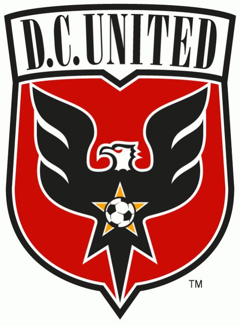 D.C. United Primary Logo (1998) - Black eagle with wings spread out on a red shield with script Dc United, Mls Soccer, Soccer Teams, Soccer Logo, Club Badge, Sports Team Logos, Wayne Rooney, Professional Soccer, Toronto Fc