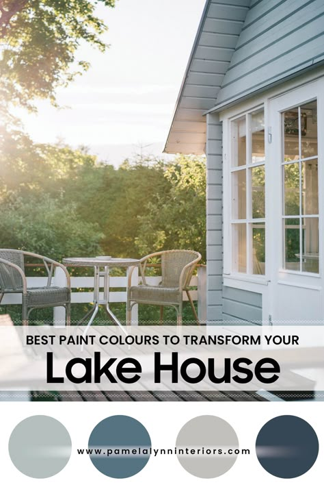 Colour Expert shares her top rated exterior paint colours for your lakehouse, cottage and cabin. Exterior Paint For Lake House, Krypton Exterior Paint, Exterior House Colors Lake House, Outdoor Cottage Colors Exterior Paint, Lakehouse Siding Ideas, River Cottage Exterior Colors, Bunkie Exterior Colours, Small Lake Houses Exterior, Lake House Color Palette Exterior