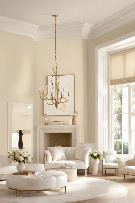 paint trends, interior design, warm white shades, elegance Cream Walls White Furniture, Behr Cream Paint Colors, Cream Paint Living Room, Creamy Wall Color, Cream Colored Living Room, Pastel Yellow Walls, White Living Room Paint Colors, Cream Walls Living Room, Room Paint Colour Combination