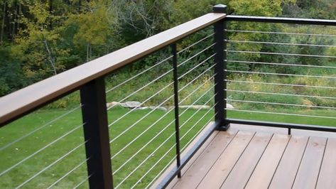 Best Cable Railing System With A Drink Rail Deck Upgrades, Wire Deck Railing, Deck Railing Diy, Metal Deck Railing, Cable Railing Deck, Patio Railing, Patio Decks, Deck Railing Design, Stair Rails