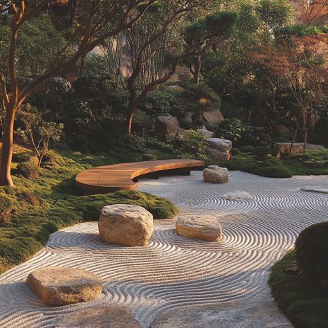 Create a peaceful retreat with a Japanese-inspired Zen garden. Featuring raked gravel, carefully placed rocks, and a tranquil water feature, this minimalist design offers the perfect setting for mindful meditation and contemplation. #ZenGarden #MindfulLiving #JapaneseAesthetics #OutdoorSerenity Zen Garden Entrance, Zen Garden Meditation Space, Japanese Garden Rocks, Japanese Pebble Garden, Dry Zen Garden, Meditation Garden Design, Zen Garden Bench, Zen Garden Japan, Courtyard Zen Garden