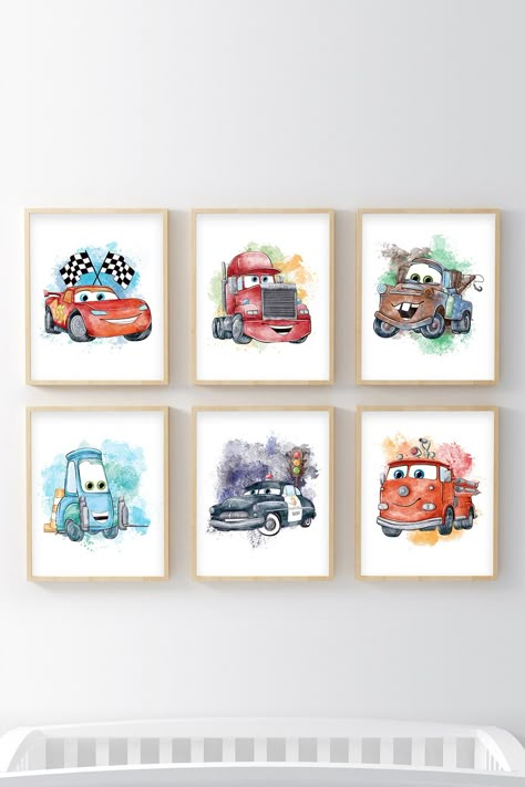 Cars Movie Boy Room Wall Art Cars Playroom Ideas, Cars And Trucks Nursery Theme, Cars Baby Nursery, Lightning Mcqueen Nursery, Cars Theme Room Boys, Cars Theme Bedroom Boys, Pixar Cars Nursery, Disney Cars Toddler Room, Cars Themed Room Boys