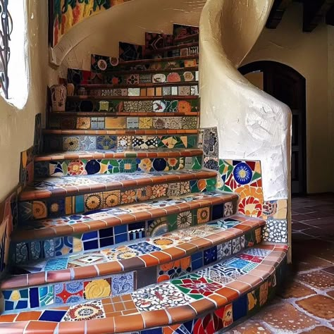 Step into style with these boho staircase design ideas! 🪴✨ 😍 1, 2, 3, 4, 5 or 6? Which one is your fave? 🌈 📌 Conceptual AI Art . . . . . . . . . . . #staircasedesign #staircase #bohostairs #homeinterior #kreatecube #homedecor #viral #trending #stair #colorful #tileart Different Stairs Ideas, Staircase With Tiles, Tile Under Stairs, Spanish Style Staircase, Spanish Style Stairs, Moroccan Staircase, Tile Staircase, Whimsical Staircase, Gallery Staircase