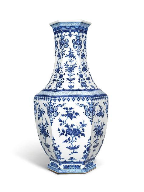 A FINE LARGE BLUE AND WHITE HEXAGONAL VASE. CHINA, QING DYNASTY, 18TH CENTURY | Christie's Important Chinese Ceramics and Works of Art, Hong Kong|29 May 2019 China Vase Painting, China Ceramics Blue, Traditional Chinese Porcelain, Chinese Ceramics Blue And White, China Porcelain Pattern, Chinese Ceramics Pattern, China Vase Tattoo, Chinese Vase Tattoo, Japanese Vase Tattoo