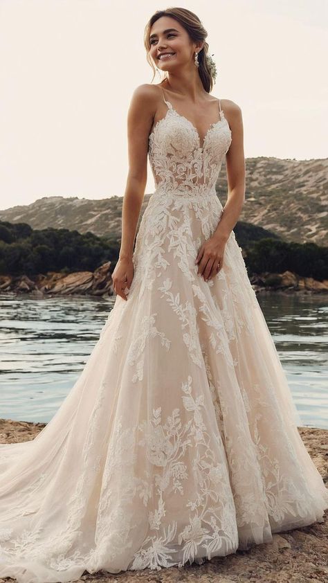 Discover dreamy wedding dress ideas that are romantic elegant vintage and fit for fairy tale princesses From romantic and classy to simple and aesthetic these dresses feature stunning sleeves and fantasy vibes Find the perfect size and veil to complete your fairy tale wedding look Romantic Wedding Dresses With Sleeves Princesses, Fairtytale Wedding Dress, Wedding Dress Romantic Fairytale, Halter Bridal Dress, Whimsical Lace Wedding Dress, Fantasy Wedding Dress Aesthetic, Boho Wedding Dress Sleeveless, Wedding Dress Small Breast, Ariel Inspired Wedding Dress