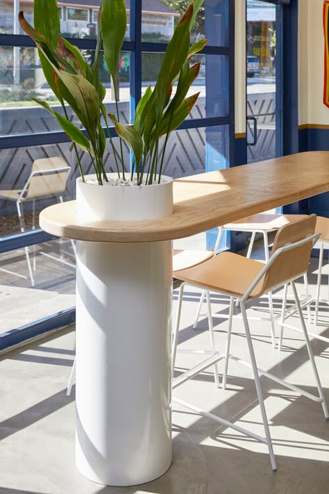 Commercial — Lilianne Steckel Interior Design Restaurant Planters Interior, Round Bar Table Design, Curved Table Design, Round Restaurant Table, White Restaurant Interior, Cafe Table Ideas, Bar With Plants, Table Restaurant Design, Table Bar Design