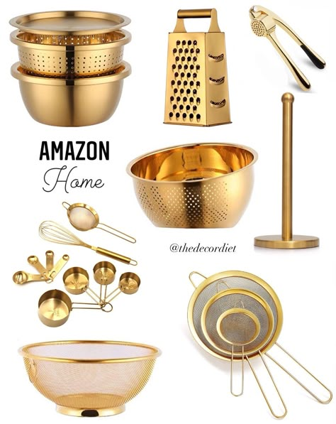 Gold Kitchen Gadgets, Kitchen Gold Accessories, Kitchen Decor Gold Accents, White Black And Gold Home Decor, White And Gold Kitchen Utensils, Black And Gold Kitchen Utensils, Silver And Gold Kitchen Decor, Gold Decor Kitchen, Black White And Gold Kitchen Decor