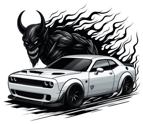 White Dodge Demon With Real Demon Figure Doge Challenger Demon, Dodge Challenger Art, Hellcat Drawing, Dodge Srt Demon, Doge Challenger, Challenger Demon, Demon Car, Cars On The Road, Cartoon Car Drawing