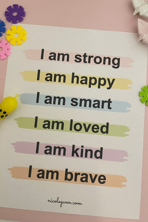 affirmations for kids Daily Affirmations Bulletin Board, Children Affirmations For Kids, Middle School Affirmations, Classroom Affirmations For Kids, Affirmations For Kids Printable, Affirmation Quotes For Women, Positive Words For Kids, Morning Affirmations For Kids, Affirmation For Kids