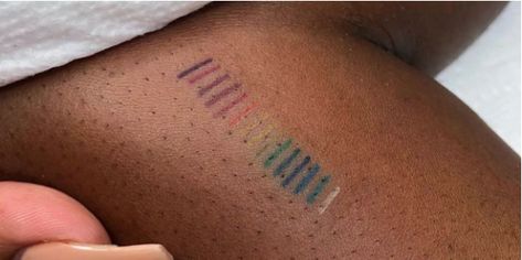 Tattoo Colors On Dark Skin Ink, Healed Red Tattoos On Dark Skin, Tattoo Colors On Brown Skin, Red Ink Tattoos On Dark Skin Black, Color Tattoo Brown Skin, Coloured Tattoos On Brown Skin, Color Test Tattoo Ideas, Colored Tattoos On Black People, Tattoo Color Test