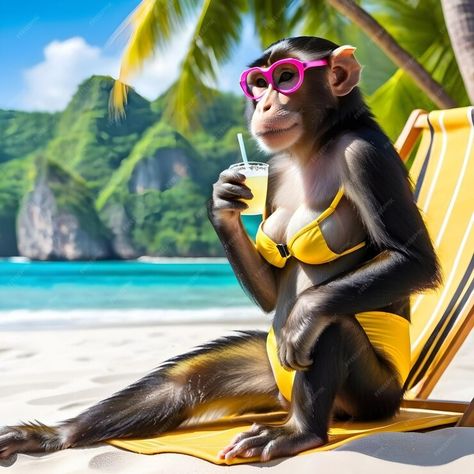 Premium AI Image | The monkey is enjoying the sun and the sand She is wearing a swimming swimsuit and is surrounded by Monkey Wearing Clothes, Cute Monkey Pictures, Monkey Pictures, Swimming Swimsuit, Cute Monkey, Enjoying The Sun, Body Poses, Premium Photo, The Sand