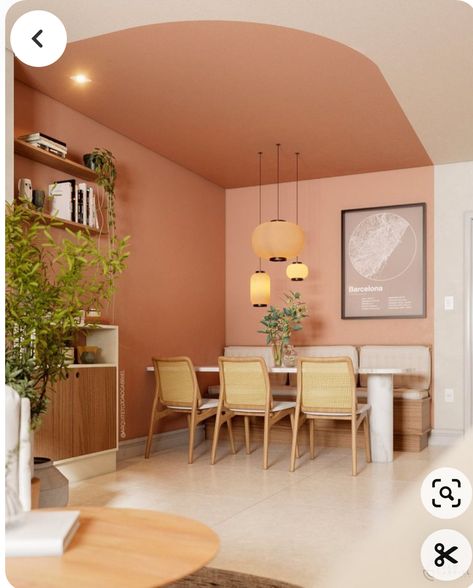 Peach Colored Walls, Light Dining Room Paint Colors, Council House Bedroom Ideas, Zoning With Paint, Salmon Accent Wall, Pink Dining Room Walls, Peach Fuzz Interior Design, Peach Kitchen Walls, Peach Room Aesthetic