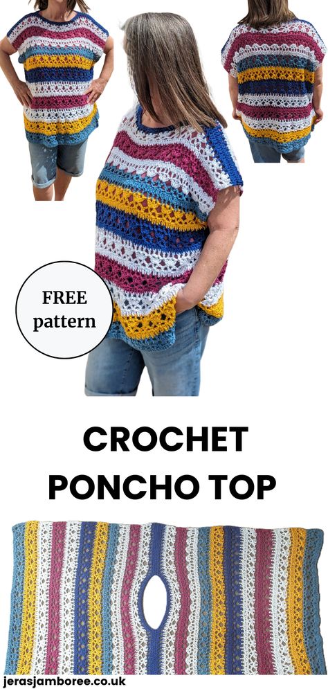 4 images - 3 show a woman wearing a colourful poncho top and 1 shows the crochet poncho laid out flat Easy Crochet Poncho Free Pattern, Easy Crochet Poncho, Crochet Kimono Pattern, Crochet Poncho Patterns Easy, Crochet Poncho Pattern, Poncho Patterns, Crochet Kimono, Crochet Poncho Free Pattern, Crochet Jumper