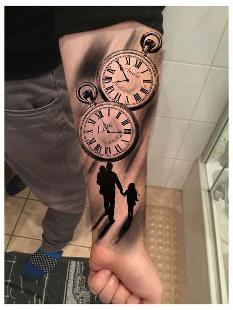 Tato Jam, Clock Tattoo Sleeve, Pocket Watch Tattoo Design, Clock And Rose Tattoo, Watch Tattoo Design, Family Tattoos For Men, Pocket Watch Tattoos, Shadow Tattoo