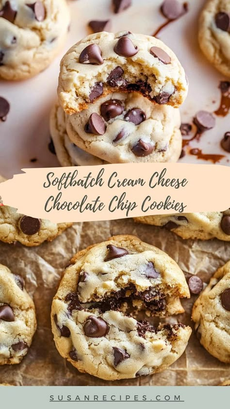 These Softbatch Cream Cheese Chocolate Chip Cookies are a game-changer—rich, soft, and full of gooey chocolate in every bite! 🍪🍫 #CookieGameChanger #ChocolateChipLovers #BakedWithLove #SoftAndChewy #CookieMagic #BakingJoy #SweetDelight #CreamCheeseGoodness #MouthwateringTreats #DeliciousDesserts Chocolate Chip Cookies Cream Of Tartar, Soft Batch Cream Cheese Chocolate Chip Cookies, Soft Batch Cream Cheese Chocolate Chip, Cream Cheese Peanut Butter Cookies, Sour Cream Chocolate Chip Cookies, Chocolate Chip Cookies With Cream Cheese, Chocolate Chip Cream Cheese Cookies, Chocolate Chip Cheesecake Cookies, Chocolate Chip Cookies Cream Cheese