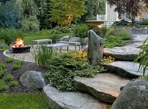 Backyard Landscaping - South Berwick, ME - Photo Gallery - Landscaping Network Rustic Garden Lighting, Rustic Landscaping, Rustic Backyard, Stone Steps, Garden Steps, Fire Pit Ideas, Landscape Inspiration, Outdoor Entertainment, Backyard Fire