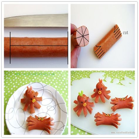 How do you like these little crabs and octopuses? It only take a few minutes to turn a hot dog into these cute little bite size treats! It’s a really cool idea. Octopus Hotdogs, Kotak Bento, Bento Kids, Kawaii Bento, Food Art For Kids, Cute Bento, Bento Recipes, Snacks Für Party, Feeding Kids