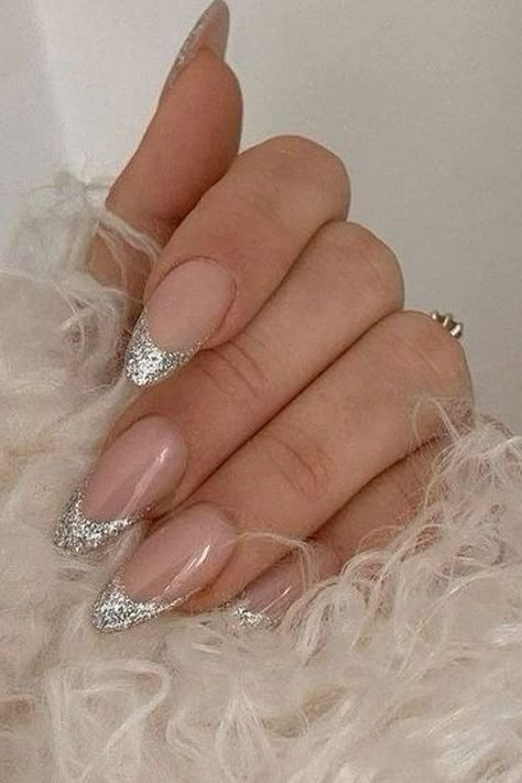 Sparkly Tipped Nails, Silver Nails Sns, Silver Nail Art Glitter, Birthday Silver Nails, Silver Shimmer Nails, Birthday Christmas Nails, Silver French Tip Nails Almond, French Glitter Tip Nails, Silver Sparkle French Tip Nails