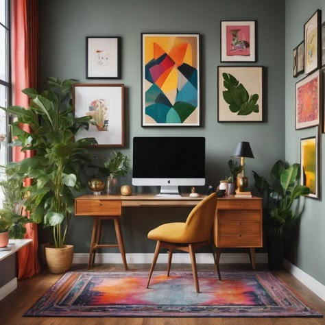 Mexican Style Office, Work From Home Room Setup, Mid Century Desk Setup, Mid Century Modern Workspace, Mid Century Modern Palette, Minimalist Eclectic Home, Funky Home Office, Home Office Mid Century, Mid Century Modern Office Design