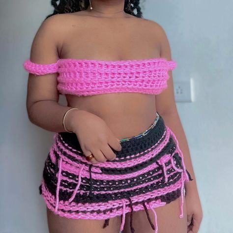 Blink - black and pink unique crochet set/co... - Depop Crochet Co Ord Set, Rave Concert Outfit, Festival Outfit Aesthetic, Black And Pink Crochet, Crochet Co Ord, Pink Crochet Skirt, Black Crochet Skirt, Tube Crochet, Distressed Crochet