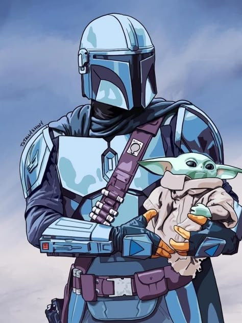 Mandalorian With Grogu, Mandalorian And Grogu Art, The Mandalorian Painting, Mandolorians Art, Mandalorian Watercolor, Mandalorian Cartoon, Mandalorian Drawing, Mudhorn Signet, Grogu Art